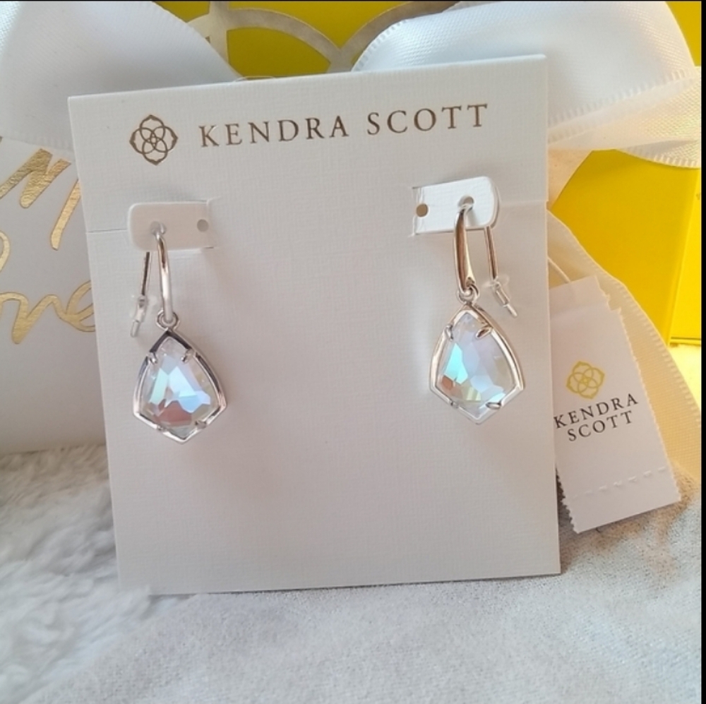 NWT Kendra Scott Cory Drop Earrings in Blue Dichroic and Rhodium Plated